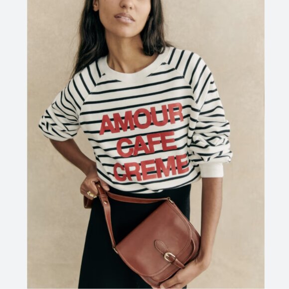 Sezane Tops - Sezane Amour Café Crème Sweatshirt Ecru Navy Red Striped Organic Cotton Sz Small